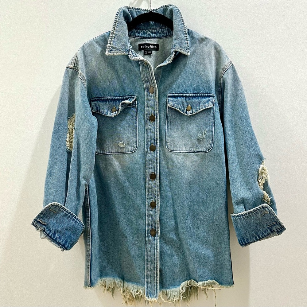 Like New Retrofete Oversized Distressed Denim Shirt Jacket- Size XS